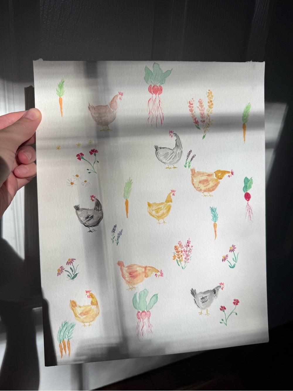 Watercolor Chicken & Garden Art — Pastel Farm Illustration